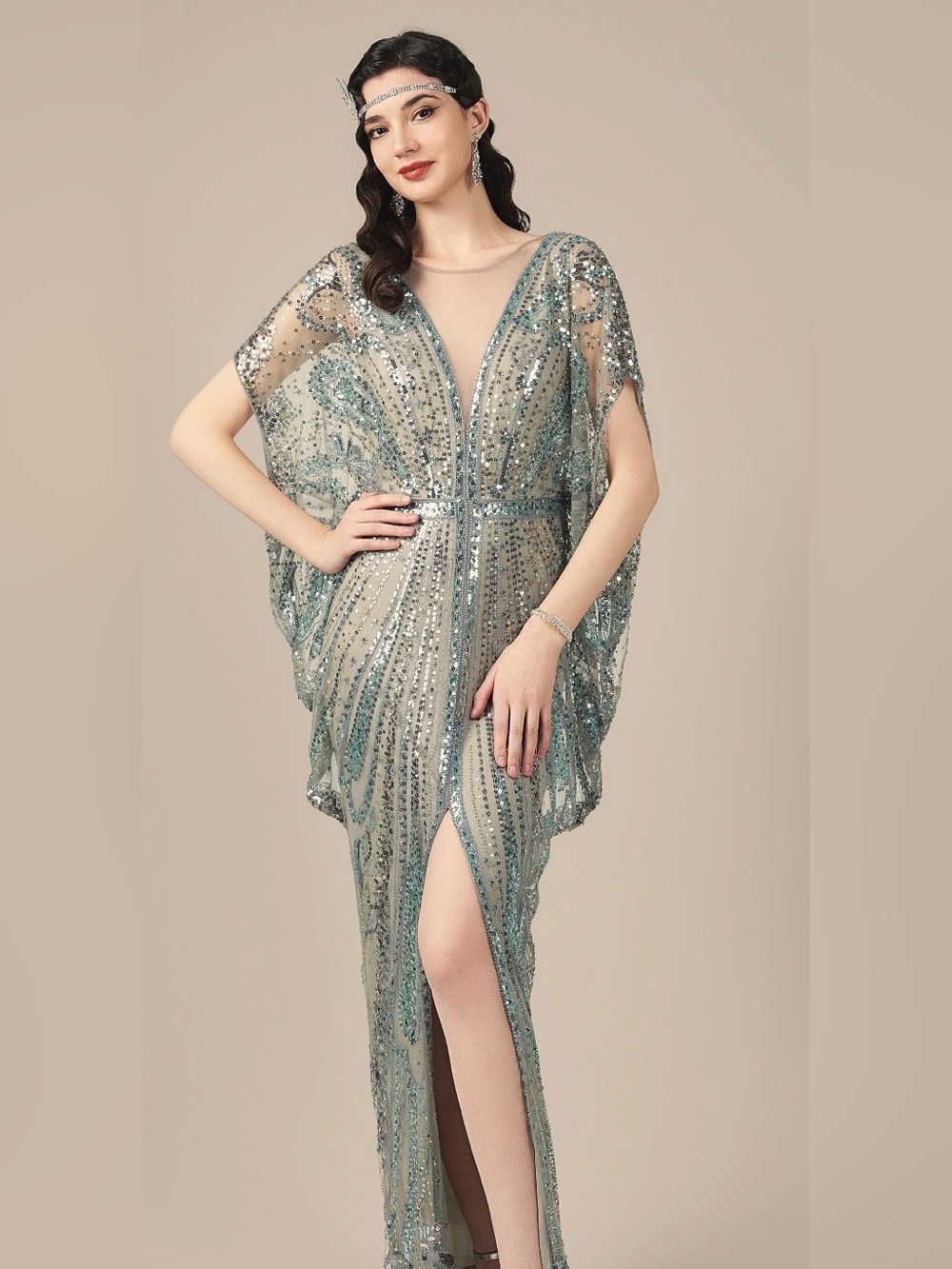 Art Deco Drapey Embellished Evening Wedding MOB Gown